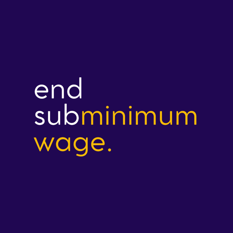 End Subminimum Wage profile picture. A square image with a deep purple background. Lowercase, centered text says "end subminimum wage." The letters in "end sub" are in white and "minimum wage" are in yellow.