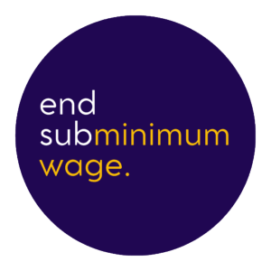 End Subminimum Wage profile picture. A circular image with a deep purple background. Lowercase, centered text says "end subminimum wage." The letters in "end sub" are in white and "minimum wage" are in yellow.