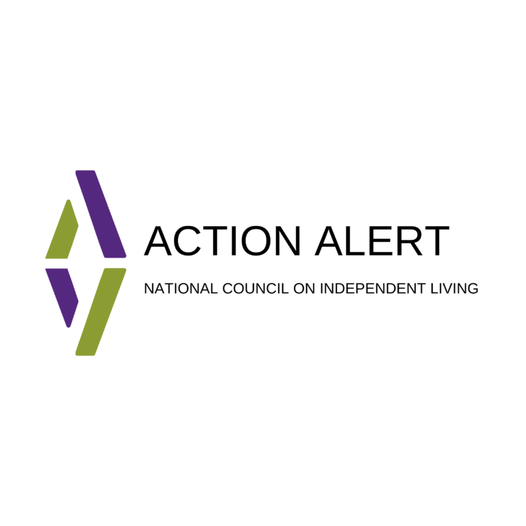 ACTION ALERT – National Council on Independent Living Advocacy and Action Center graphic features two abstract letters A, reflected horizontally in purple and green.