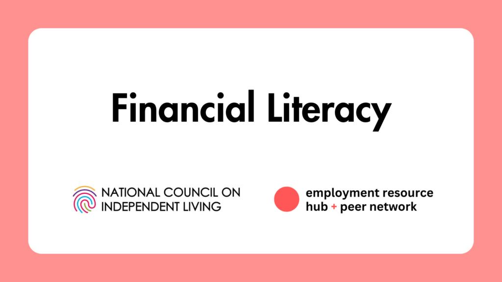 Poster with the title Financial Literacy followed by the National Council on Independent Living logo and the Employment Resource Hub logo.