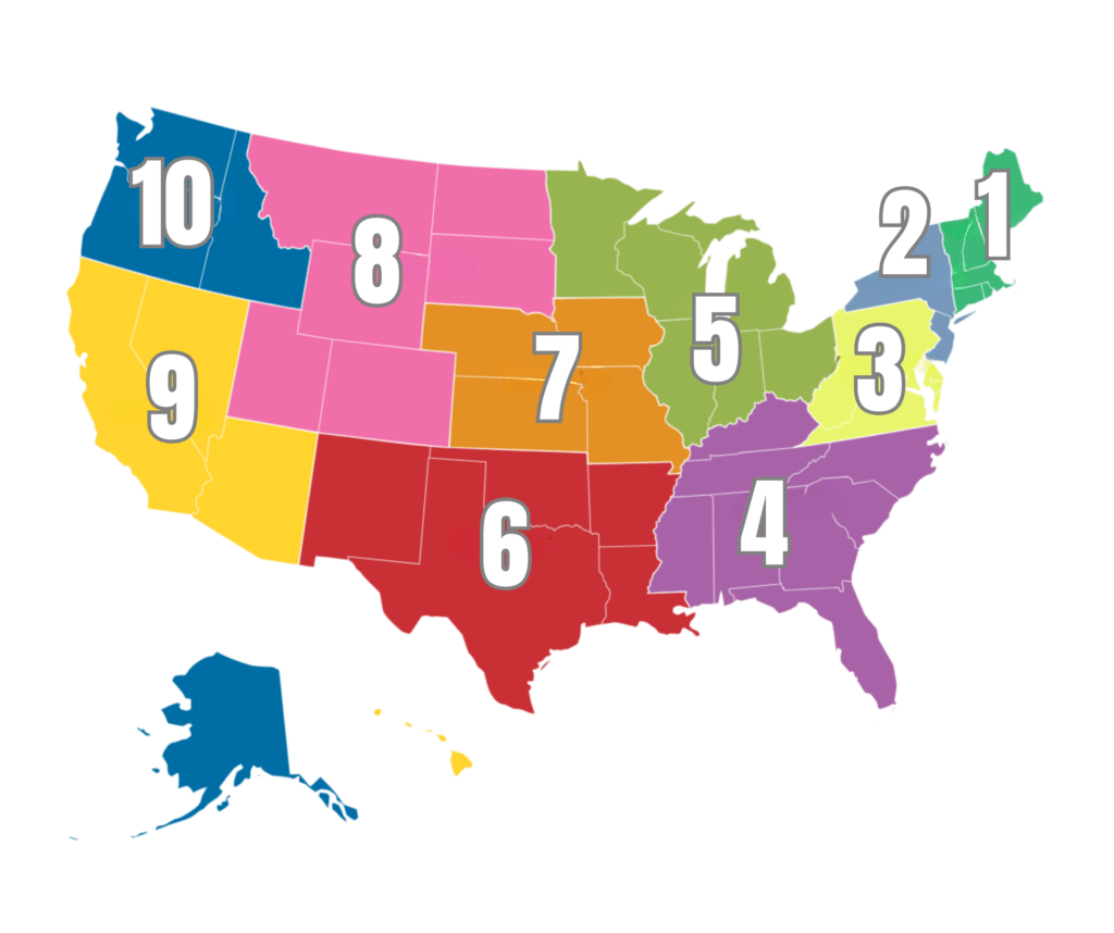 Map of NCIL Regions. List at ncil.org/regions