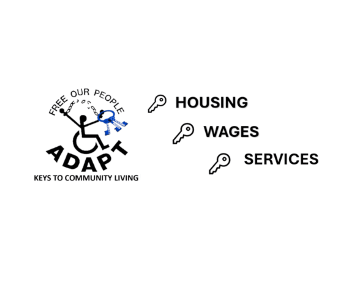 ADAPT Logo: FREE OUR PEOPLE. The universal symbol of accessibility (a person using a wheelchair) is breaking chains binding its hands. In one hand, it is holding three keys labeled housing, services, and wages. Beneath, the words housing, services, and wages are bulleted with key icons.