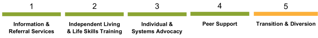 1. Information & Referral Services
2. Independent Living & Life Skills Training 
3. Individual & Systems Advocacy
4. Peer Support & Mentoring for Youth and Adults 
5. Institutional Transition & Diversion; Youth Transition