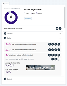 A screenshot of the Insi scan results screen showing individual accessibility issue information and details for a contrast violation showing a preview of the text over an image with accurate contrast calculations.