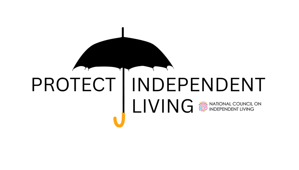 Protect Independent Living Logo features a black umbrella. Beneath, the National Council on Independent Living logo features a multi-colored fingerprint.
