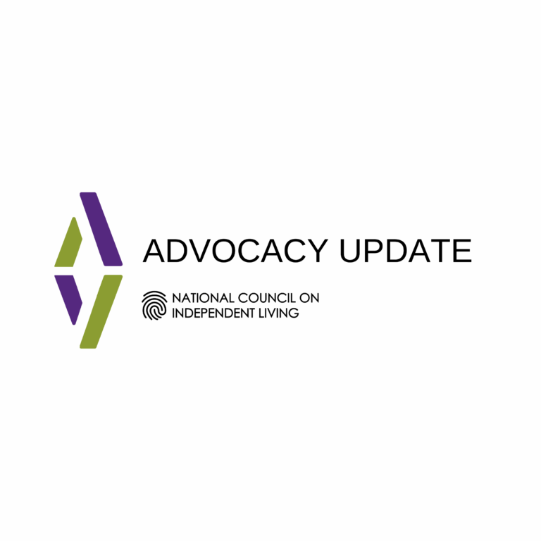 ADVOCACY UPDATE – National Council on Independent Living Advocacy and Action Center graphic features two abstract letter As, reflected horizontally in purple and green.