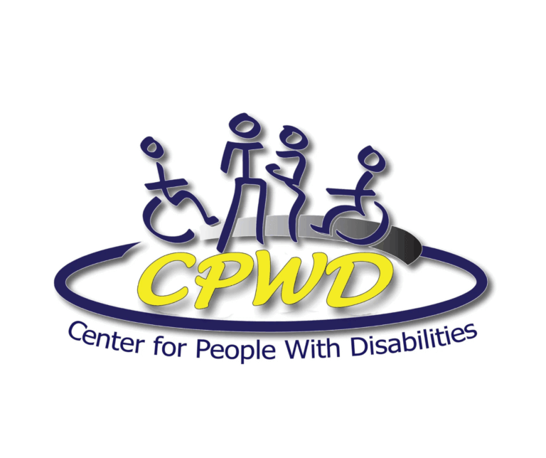 CPWD Logo: Center for People With Disabilities features four stylized figures: two in wheelchairs and two standing in the center, enclosed in a dark blue oval.