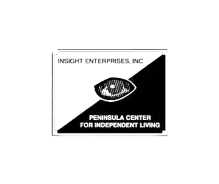 Logo for Insight Enterprises, Inc. and Peninsula Center for Independent Living. The design is split diagonally. The upper left is white with black text reading “INSIGHT ENTERPRISES, INC.” and the lower right is black with white text reading “PENINSULA CENTER FOR INDEPENDENT LIVING.” At the center, there is an eye-shaped graphic.