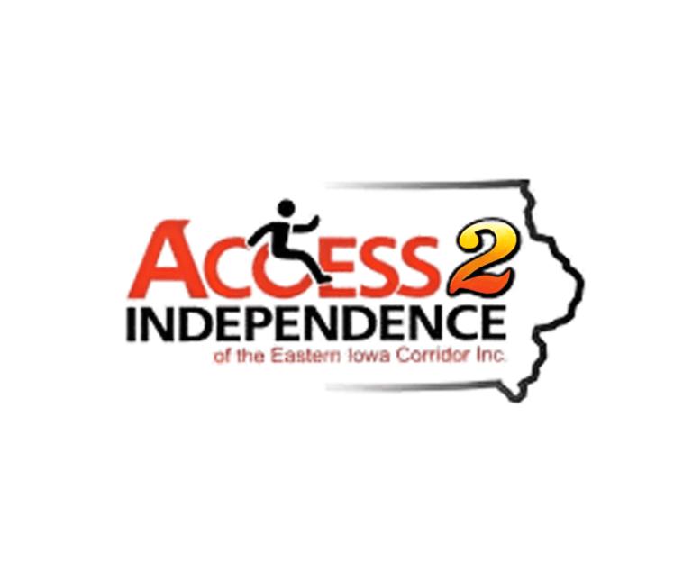 Access 2 Independence of the Eastern Iowa Corridor Inc. Logo includes a wheelchair user icon, and the number 2 in yellow and orange. An outline of the state of Iowa is in the background.