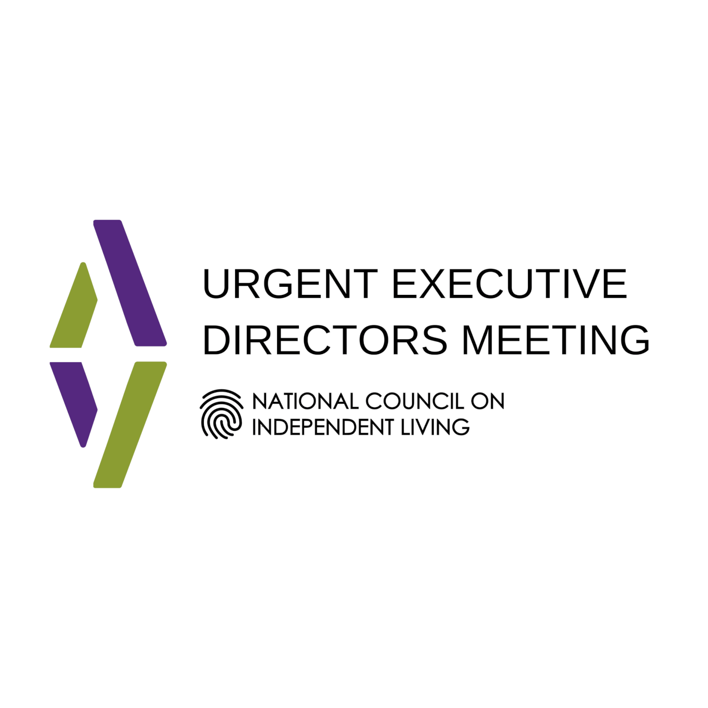URGENT EXECUTIVE DIRECTORS MEETING – Advocacy and Action graphic features two abstract letters A, reflected horizontally in purple and green. NCIL Logo: National Council on Independent Living. Graphic features a fingerprint.