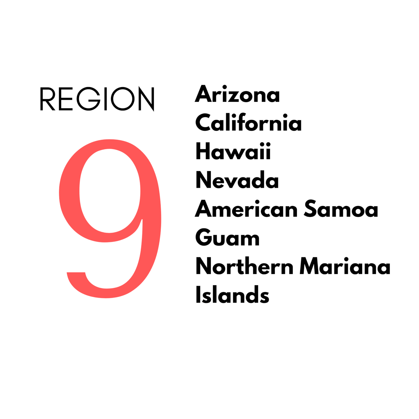 Region 9: Arizona, California, Hawaii, Nevada, American Samoa, Guam, Northern Mariana Islands