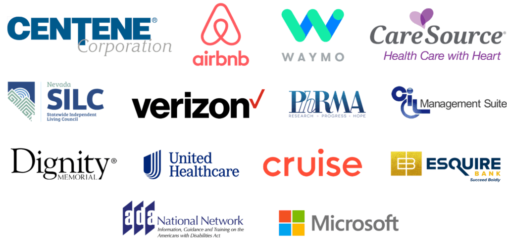 Logos: Centene, Airbnb, Waymo, CIL Suite, Microsoft, CareSource, Nevada Statewide Independent Living Council, Dignity Memorial, Verizon, Esquire Bank, UnitedHealthcare, ADA National Network, PhRMA, and Cruise.