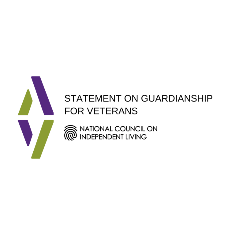 Statement on Guardianship for Veterans – Advocacy and Action graphic features two abstract letters A, reflected horizontally in purple and green. NCIL Logo: National Council on Independent Living. Graphic features a fingerprint.