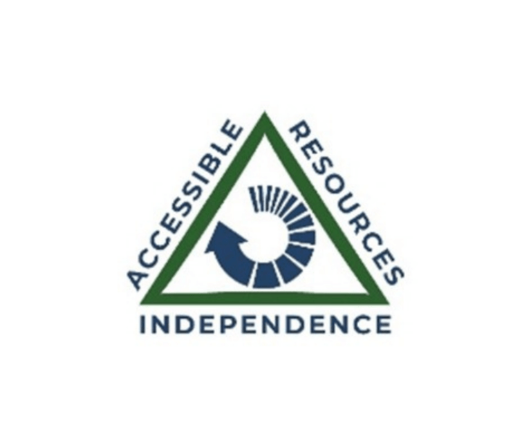 Accessible Resources for Independence logo features a green triangle outline and a blue spiral arrow symbol in the center.