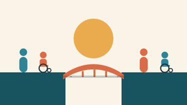 Illustration of an arched bridge connecting two cliffs beneath a golden sun. On each side, pairs of people, including wheelchair users, stand facing the bridge, representing two communities coming together.