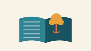 Illustration of an open book with lines of text on the left page and a golden tree growing from the right page, symbolizing community wisdom and unwritten history taking root.