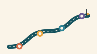 Illustration of a winding road climbing from lower left to upper right with four colored milestone markers along the way and a flag at the summit, representing the four-part learning roadmap: Protect, Persist, Advance, Strengthen.