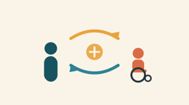 Illustration of two people facing each other, one a wheelchair user, with curved arrows flowing between them in both directions around a plus sign, representing a two-way exchange of wisdom between emerging and legacy leaders.