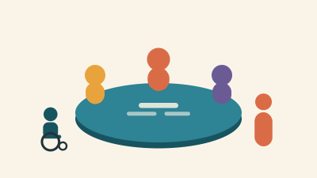 Illustration of five people of varied colors gathered around a large oval table with documents on it, including a wheelchair user, representing a collaborative peer-consulting session.