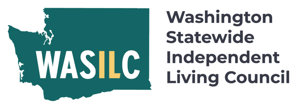 Logo featuring a teal silhouette of Washington state with the acronym "WASILC" in bold white and yellow letters. Text to the right reads "Washington Statewide Independent Living Council".