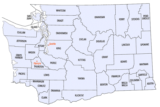A detailed map of Washington State broken down clearly by individual county jurisdictions and boundaries.