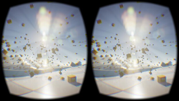 A stereoscopic VR scene showing numerous floating cubes scattered across a bright, open environment with a glowing light source in the center. The view is split into two nearly identical circular frames with slight chromatic aberration, designed for immersive 3D visualization.